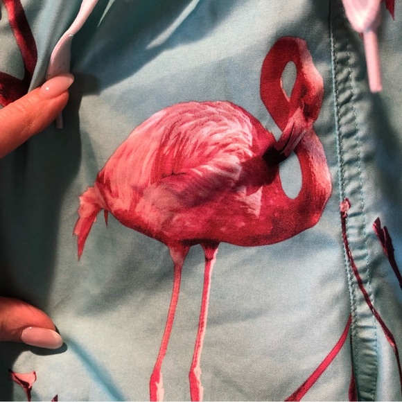 Mens City Streets turquoise and flamingo pattern lined swim trunks size L - Picture 3 of 6